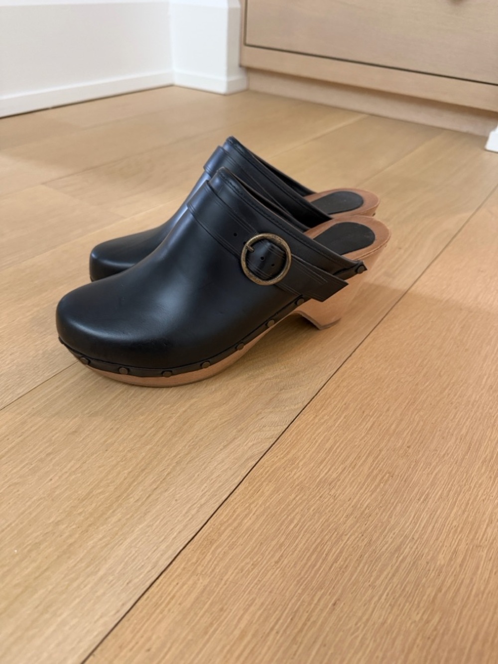 Isabel Marant Black Leather Buckle Clog Mules with Tan Sole